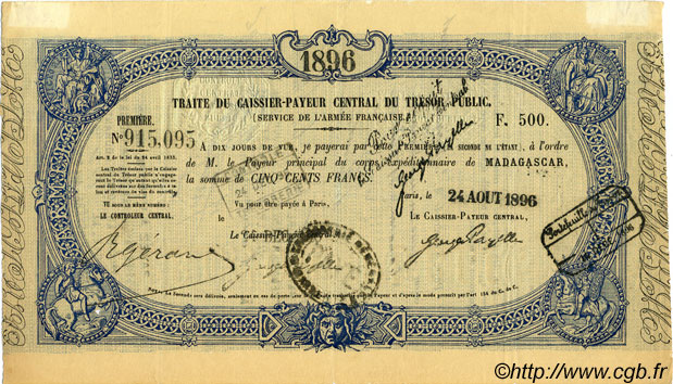 500 Francs MADAGASCAR  1896 P.-- XF