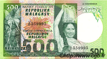 500 Francs - 100 Ariary MADAGASCAR  1974 P.064a AU+