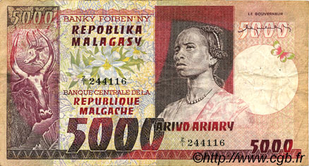5000 Francs - 1000 Ariary MADAGASCAR  1974 P.066a F+