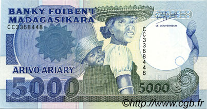5000 Francs - 1000 Ariary MADAGASCAR  1988 P.073b UNC-