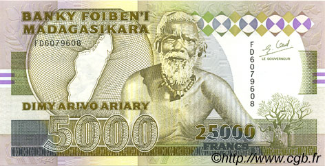 25000 Francs - 5000 Ariary MADAGASCAR  1988 P.074Ab q.FDC