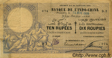 10 Rupees / 10 Roupies FRENCH INDIA  1909 P.A1a F+
