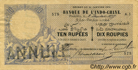 10 Rupees / 10 Roupies FRANZÖSISCHE-INDIEN  1877 P.A1as SS
