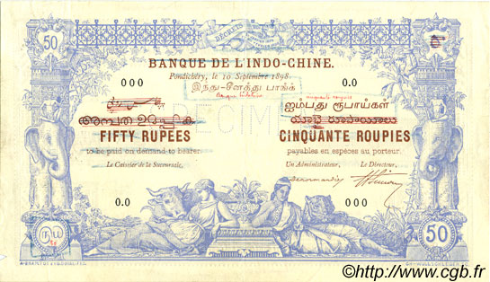 50 Rupees - 50 Roupies FRENCH INDIA  1898 P.A3s VF+