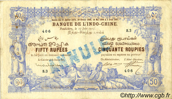 50 Rupees - 50 Roupies Spécimen INDIA FRANCESA  1915 P.03bs BC