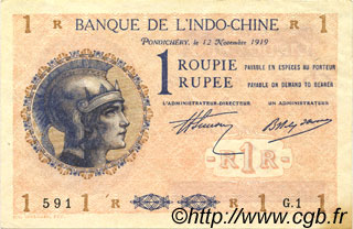 1 Rupee - 1 Roupie FRENCH INDIA  1919 P.04a XF+