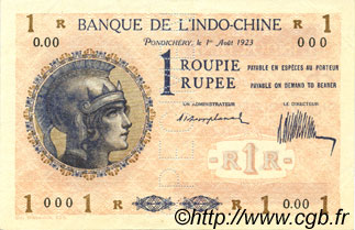 1 Rupee - 1 Roupie FRENCH INDIA  1923 P.04bs XF