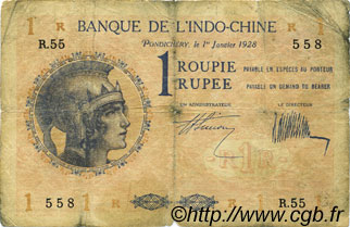 1 Rupee - 1 Roupie INDIA FRANCESA  1928 P.04b q.MB