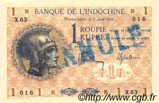 1 Rupee - 1 Roupie Spécimen INDIA FRANCESA  1932 P.04cs SC