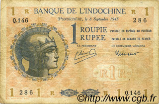 1 Rupee - 1 Roupie INDIA FRANCESA  1945 P.04d BC+