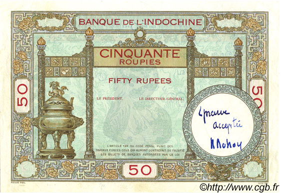 50 Roupies INDIA FRANCESA  1936 P.07s SPL