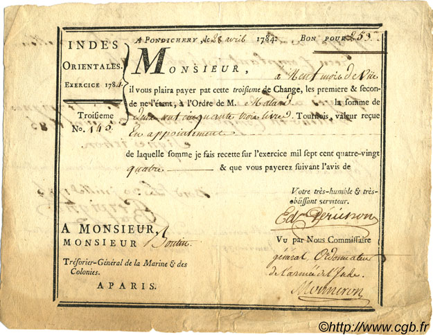253 Livres INDE FRANÇAISE  1784 P.-- TTB