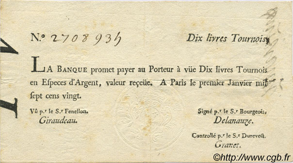 10 Livres Tournois typographié FRANCIA  1720 Laf.089 q.SPL