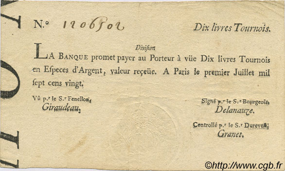 10 Livres Tournois typographié FRANKREICH  1720 Laf.093 fVZ