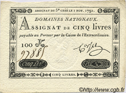 5 Livres FRANCE  1791 Laf.145 UNC-