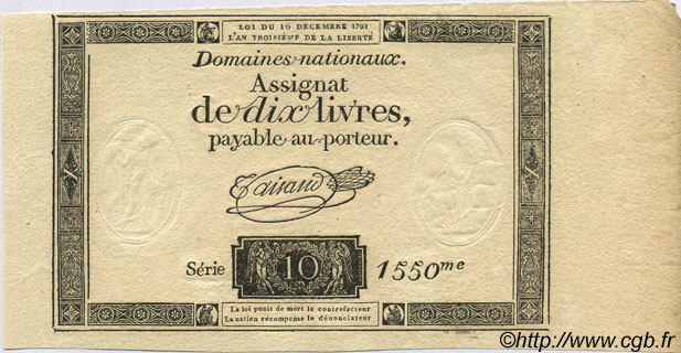 10 Livres FRANCE  1791 Laf.146 UNC-