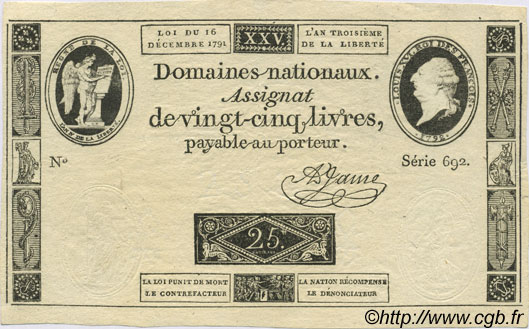 25 Livres FRANCE  1791 Laf.147 XF+