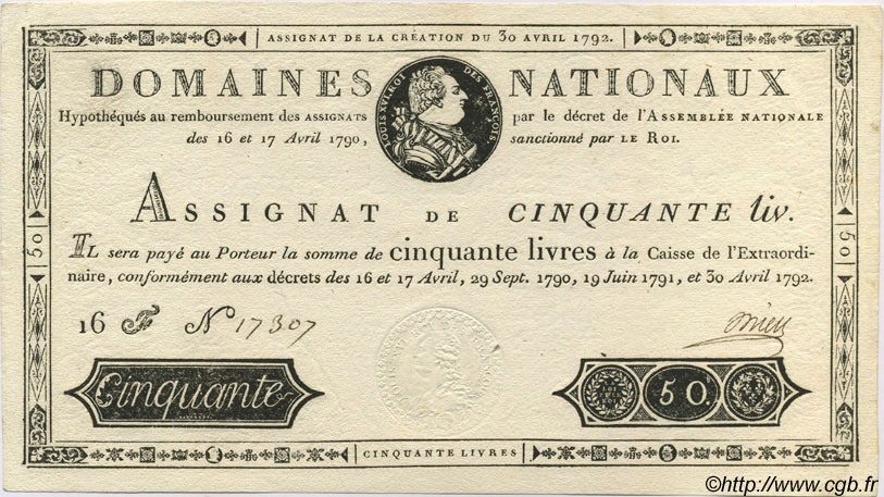 50 Livres FRANCE  1792 Laf.153 AU