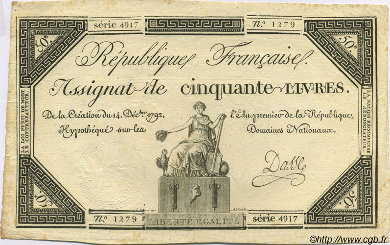 50 Livres FRANCE  1792 Laf.164 XF