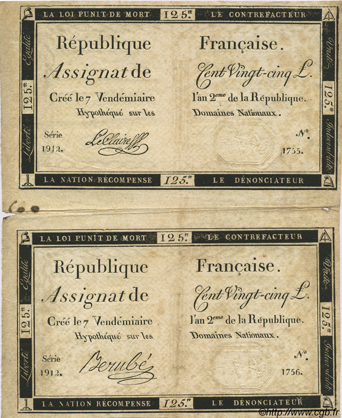 125 Livres FRANCE  1793 Laf.169 VF