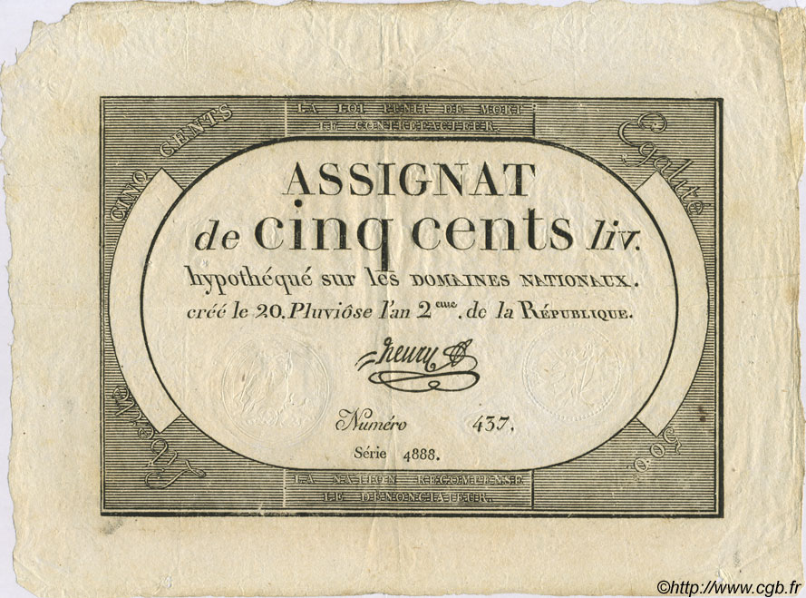 500 Livres FRANCE  1794 Laf.172 VF+