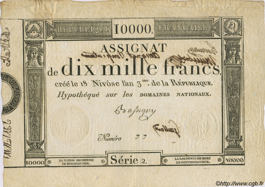10000 Francs FRANCE  1795 Laf.177b VF+