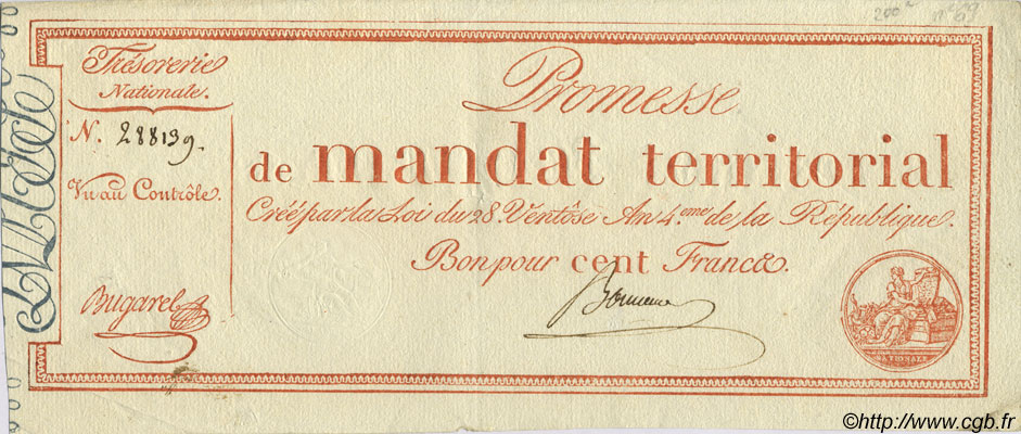 100 Francs FRANCE  1796 Laf.197 XF