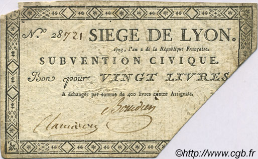 20 Livres FRANCE regionalism and miscellaneous Lyon 1793 Laf.252 VF
