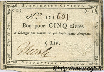5 Livres FRANCE regionalism and various Lyon 1793 Laf.253 XF
