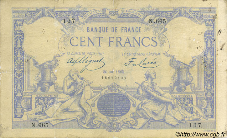 100 Francs 1882 FRANCE  1885 F.A48.05 VG