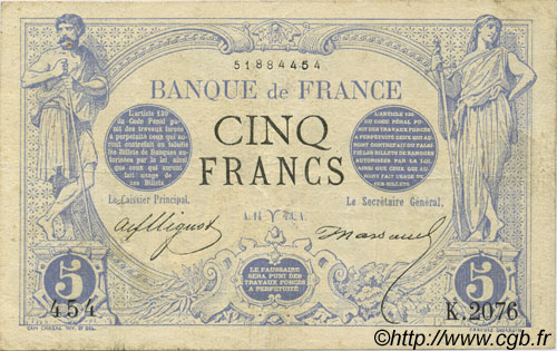5 Francs NOIR FRANCE  1873 F.01.16 VF-