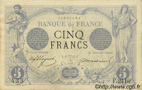 5 Francs NOIR FRANCE  1873 F.01.17 VF+
