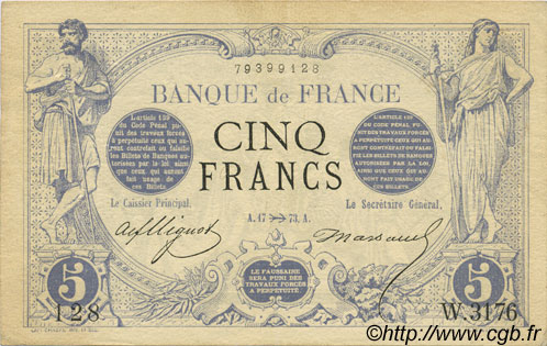 5 Francs NOIR FRANKREICH  1873 F.01.23 fVZ to VZ