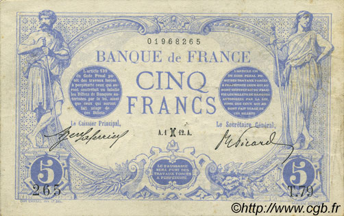 5 Francs BLEU FRANKREICH  1912 F.02.02 fVZ to VZ