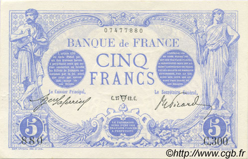5 Francs BLEU FRANCIA  1912 F.02.04 SC