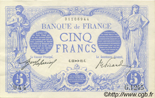 5 Francs BLEU FRANCE  1912 F.02.11 AU