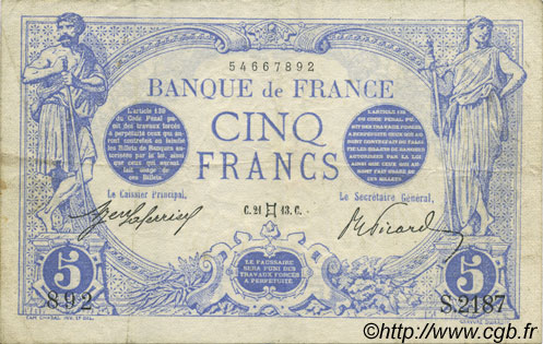 5 Francs BLEU FRANCIA  1913 F.02.17 BC a MBC