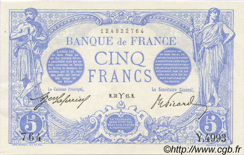 5 Francs BLEU FRANKREICH  1915 F.02.25 VZ
