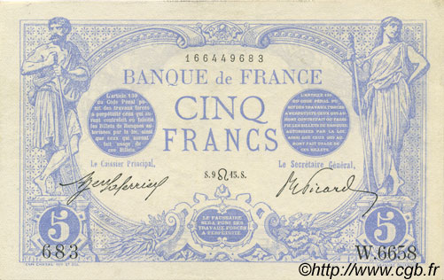 5 Francs BLEU FRANCIA  1915 F.02.29 q.AU