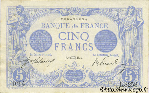 5 Francs BLEU FRANKREICH  1915 F.02.32 fVZ