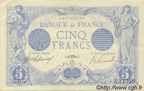 5 Francs BLEU FRANCIA  1916 F.02.38 SPL a AU