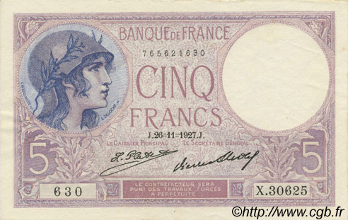5 Francs FEMME CASQUÉE FRANCE  1927 F.03.11 XF+