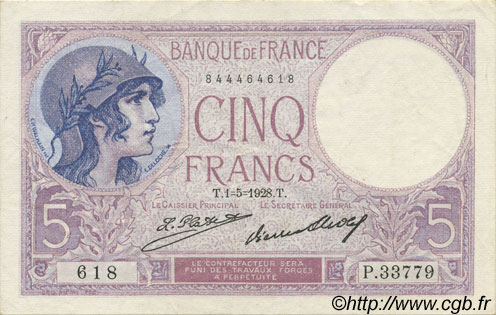 5 Francs FEMME CASQUÉE FRANCE  1928 F.03.12 XF+
