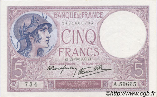 5 Francs FEMME CASQUÉE modifié FRANCE  1939 F.04.03 AU-