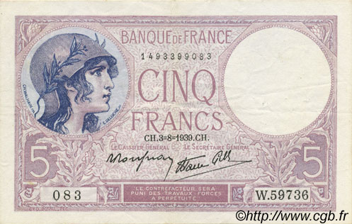 5 Francs FEMME CASQUÉE modifié FRANCE  1939 F.04.04 SUP