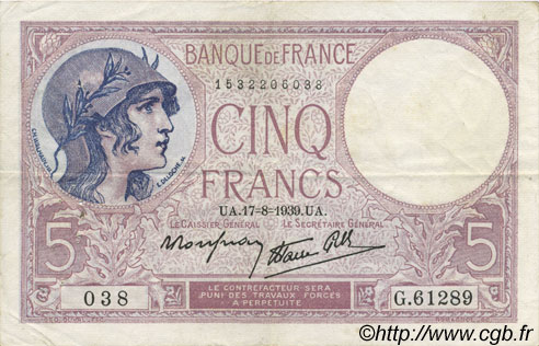 5 Francs FEMME CASQUÉE modifié FRANCE  1939 F.04.06 VF+