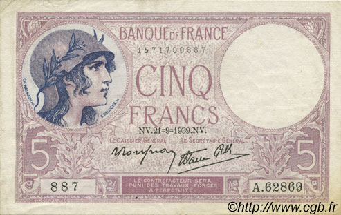 5 Francs FEMME CASQUÉE modifié FRANCIA  1939 F.04.09 q.SPL