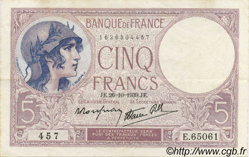 5 Francs FEMME CASQUÉE modifié FRANCE  1939 F.04.13 XF