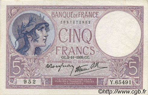 5 Francs FEMME CASQUÉE modifié FRANCE  1939 F.04.14 UNC-