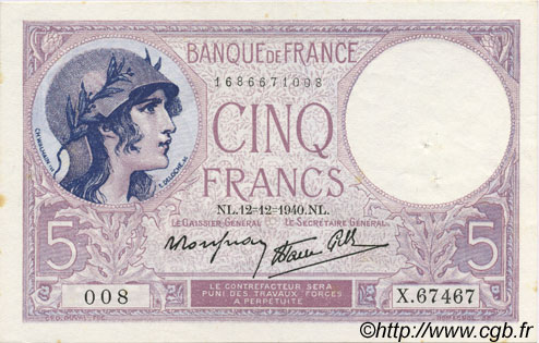 5 Francs FEMME CASQUÉE modifié FRANCIA  1940 F.04.17 SPL